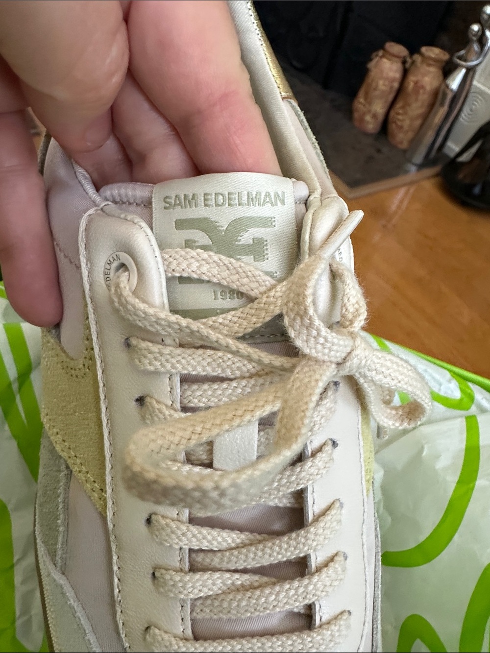 Sam Edelman Neutral Suede & Gold Accent Platform Sneaker - Picture 4 of 9
